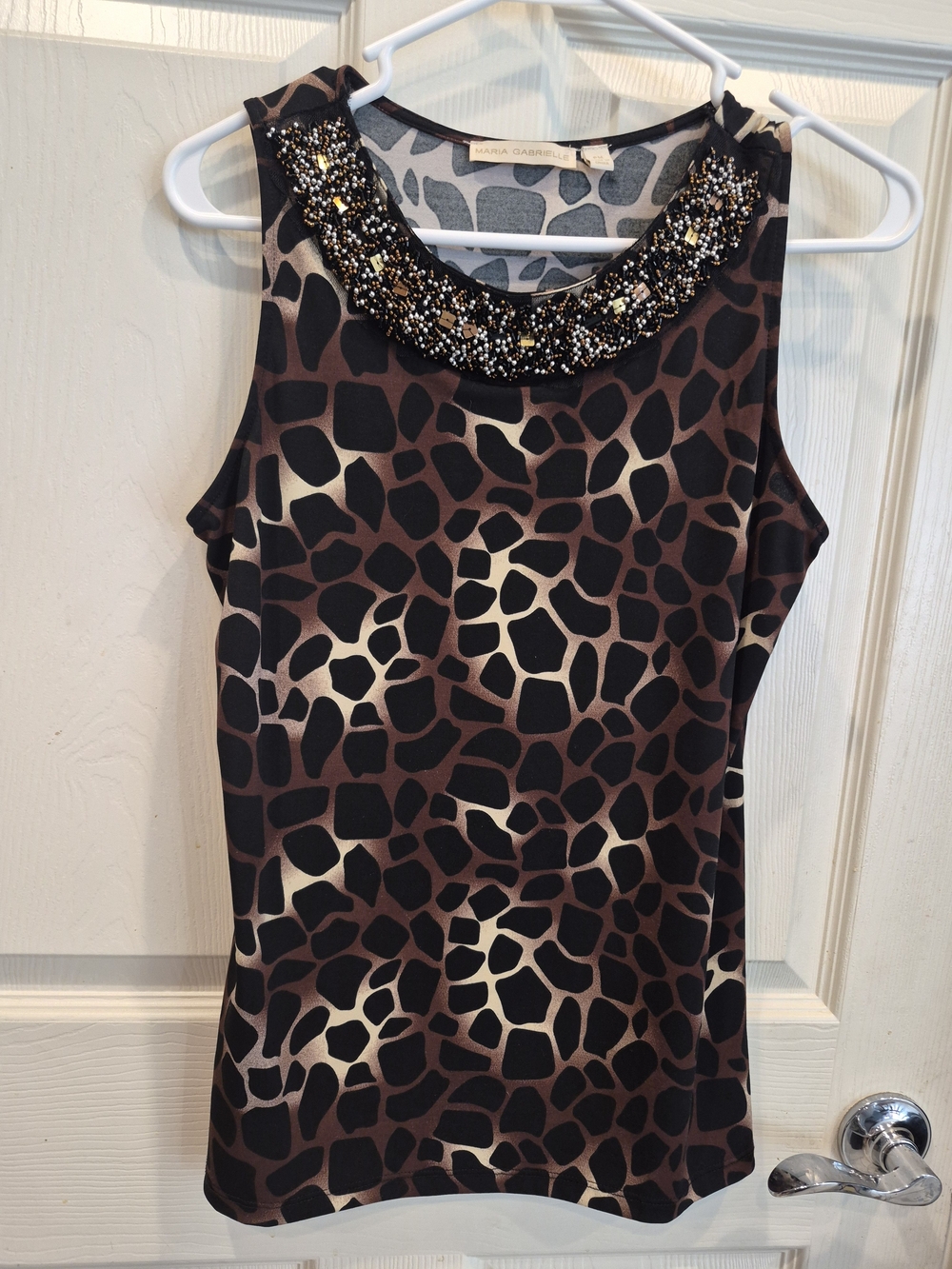 Sleeveless Beaded Neck Animal Print Shell - Brown/Black